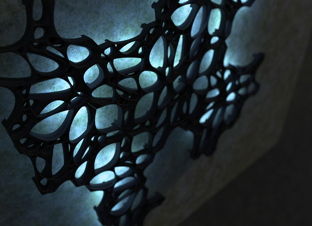Cast Iron wall installation light lighting Ambient Urban biology Bionic organic tesselation modular metal bioluminescence лед