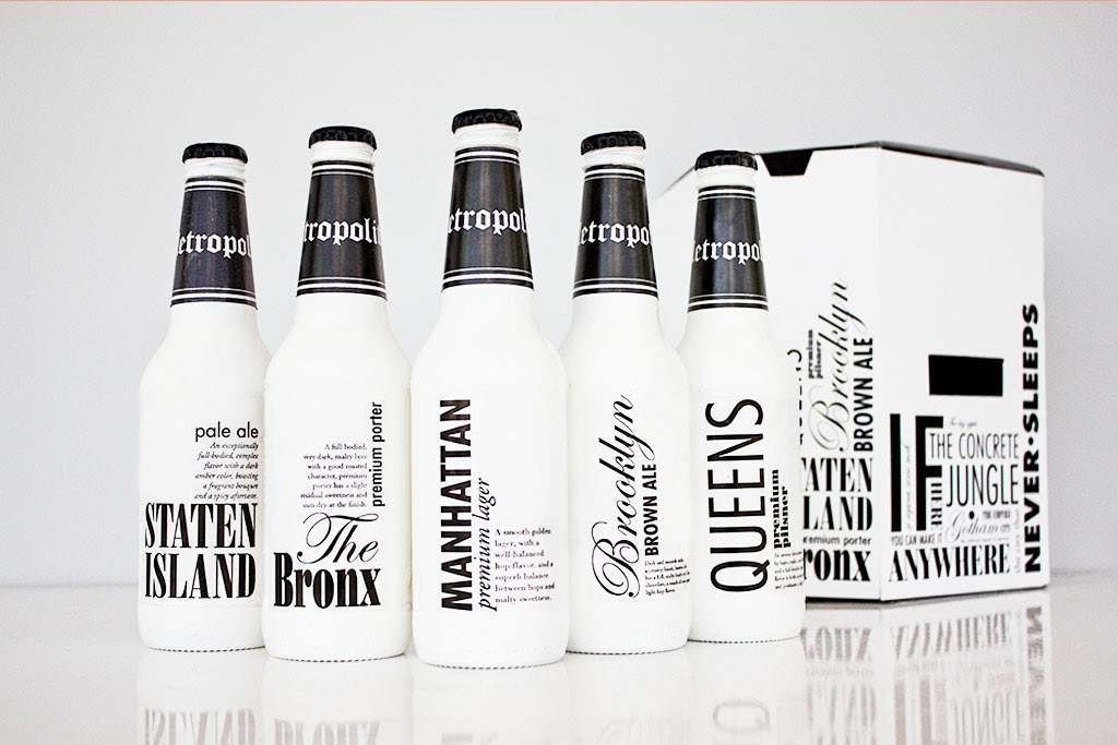 beer bottle New York skyline black and white package design  metropolitan