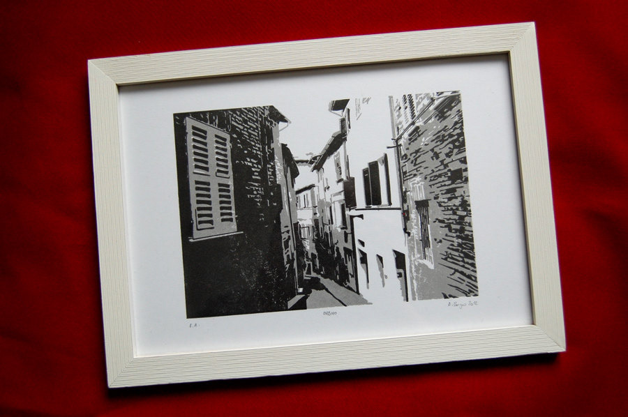 print printmaking linocut block urbino Italy bricks city alley Landscape card a5