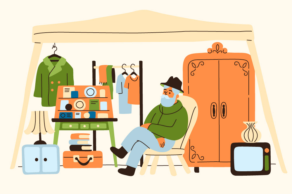 Illustration of an old man selling objects at a flea market: clothing, wardrobe, TV