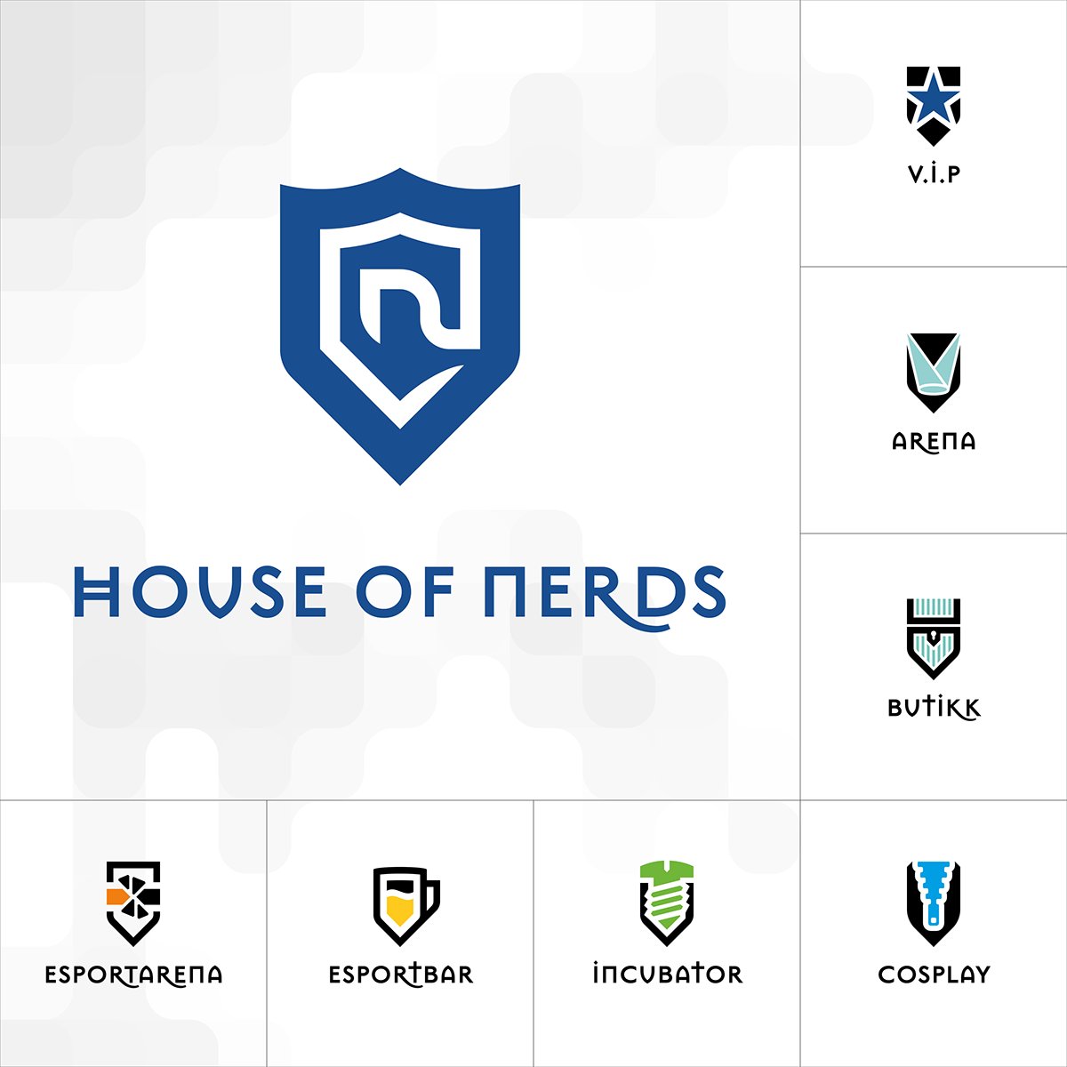 nerds logo geometric esport nerd geek business card poster flyer Gaming Cosplay blue medieval royal Gamer