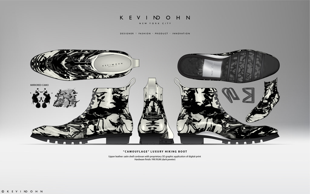 men's fashion footwear fashion footwear footwear hiking boot deboss camouflage Kevin Dohn boot hiking innovation fashion product innovation men Illustrator 3D CAD footwear designer