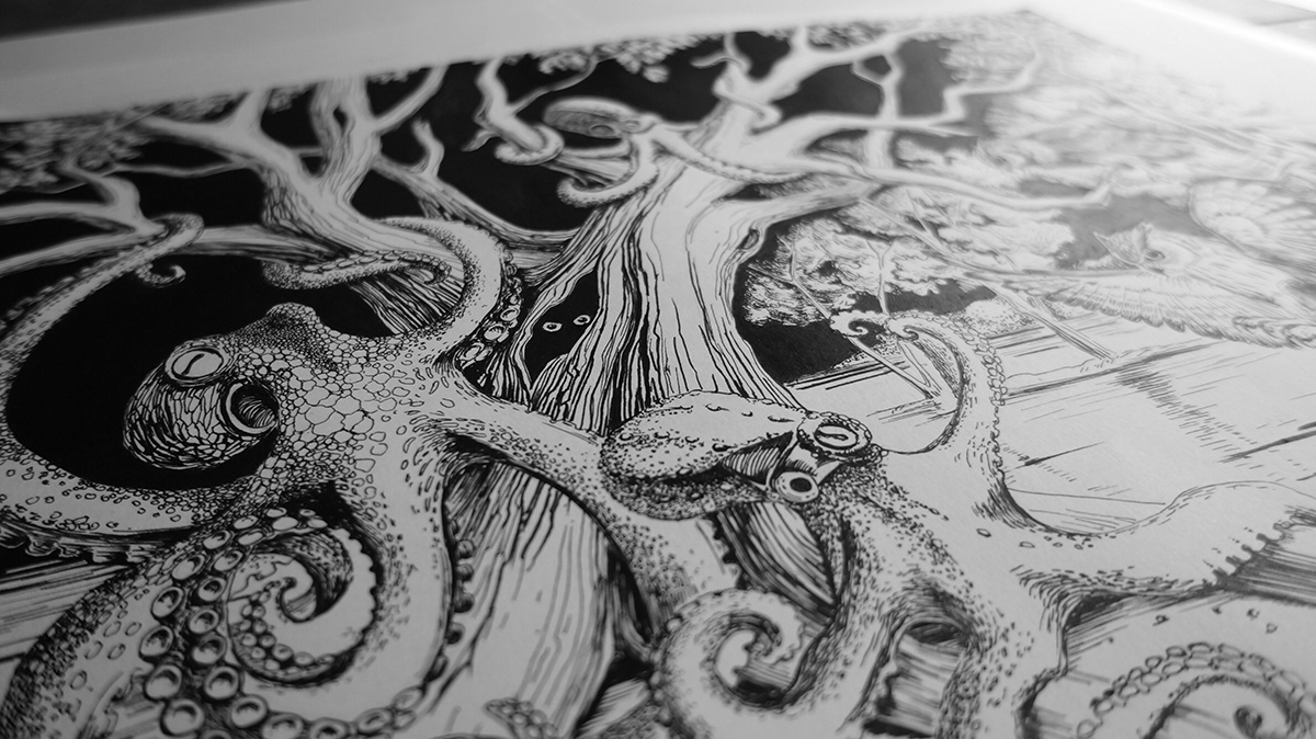alphabet octopus owl oak started O ink black and white