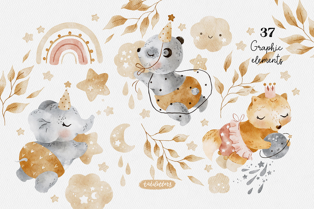 Watercolor baby animals illustrations and seamless patterns