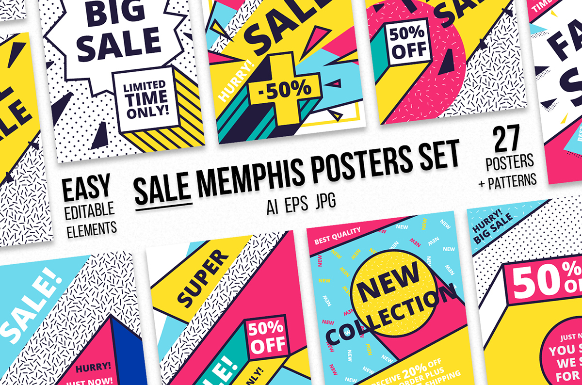 posters backgrounds design elements Memphis seamless Patterns vector pop-art set