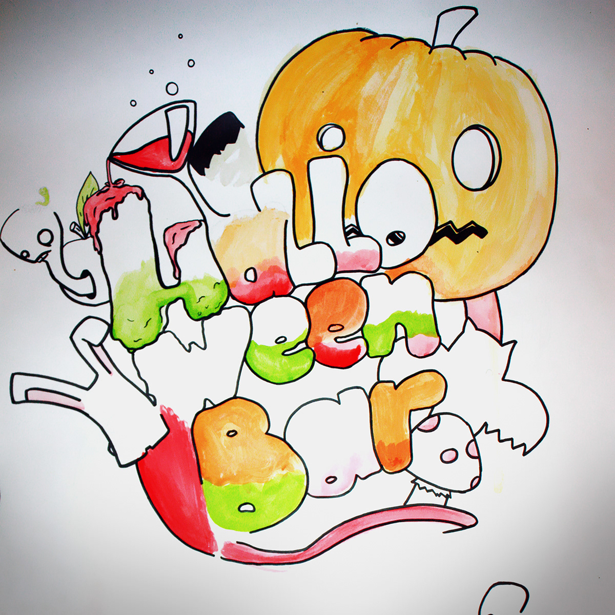 draw Halloween art pumpkin rabbit bar wathercolor first poster
