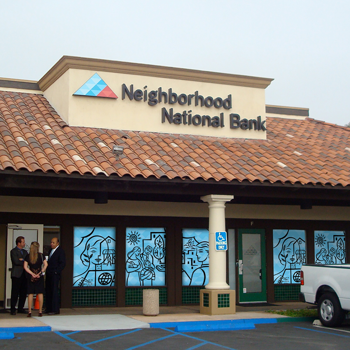 Bank Neighborhood National Bank logo Signage environmental graphics Stationery Mural banners brochure newsletter credit card atm card ads Window Graphics