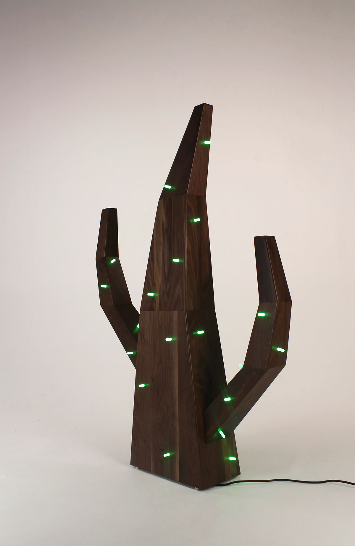 light cactus sculpture red blue green Black Walnut wood