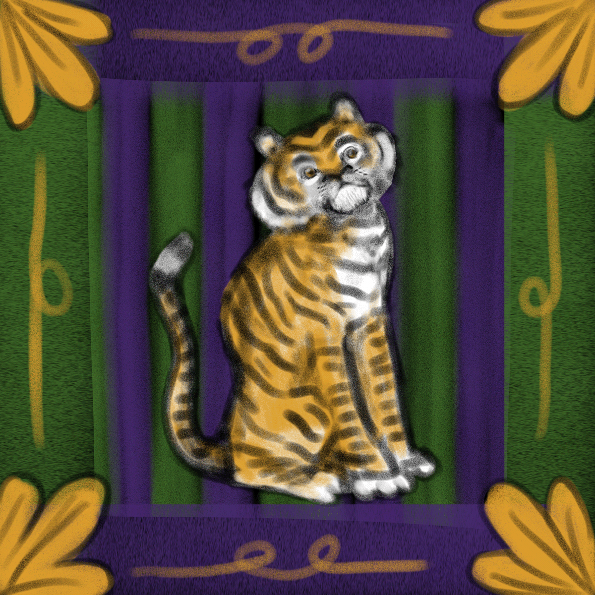 Doodle of a sitting orange and white circus tiger  isolated on colorful background.