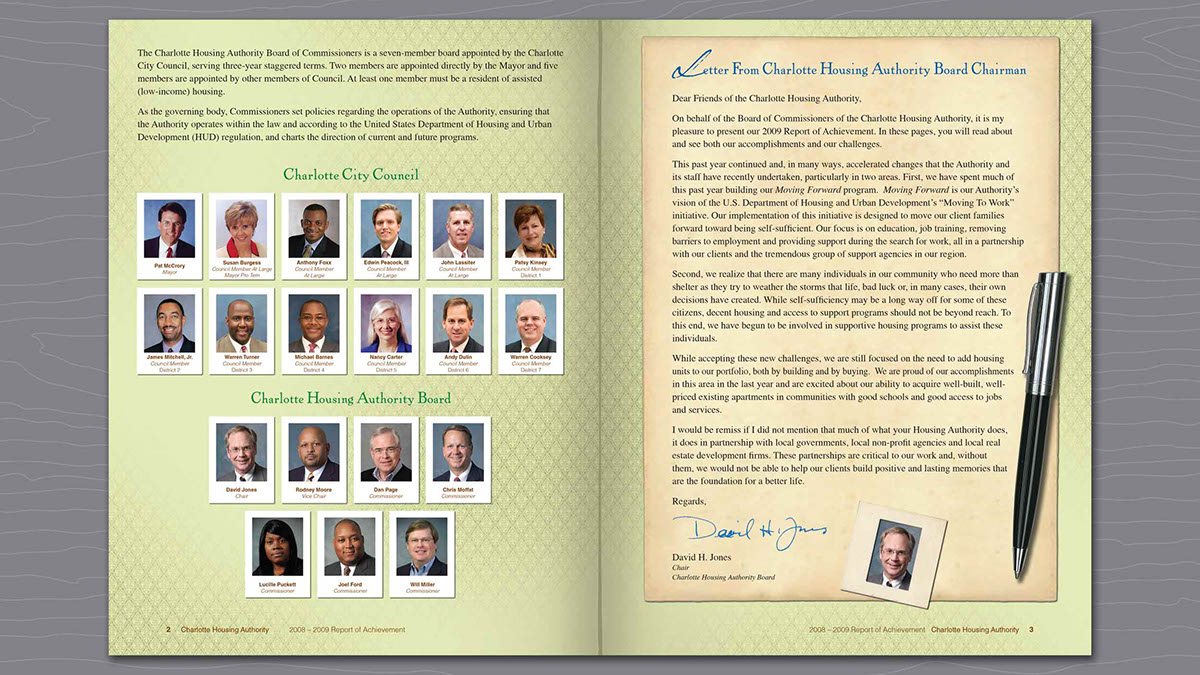 Charlotte Housing Authority chá annual report Report of Achievement print goverment communications Charlotte City Council city council Board of Directors Board