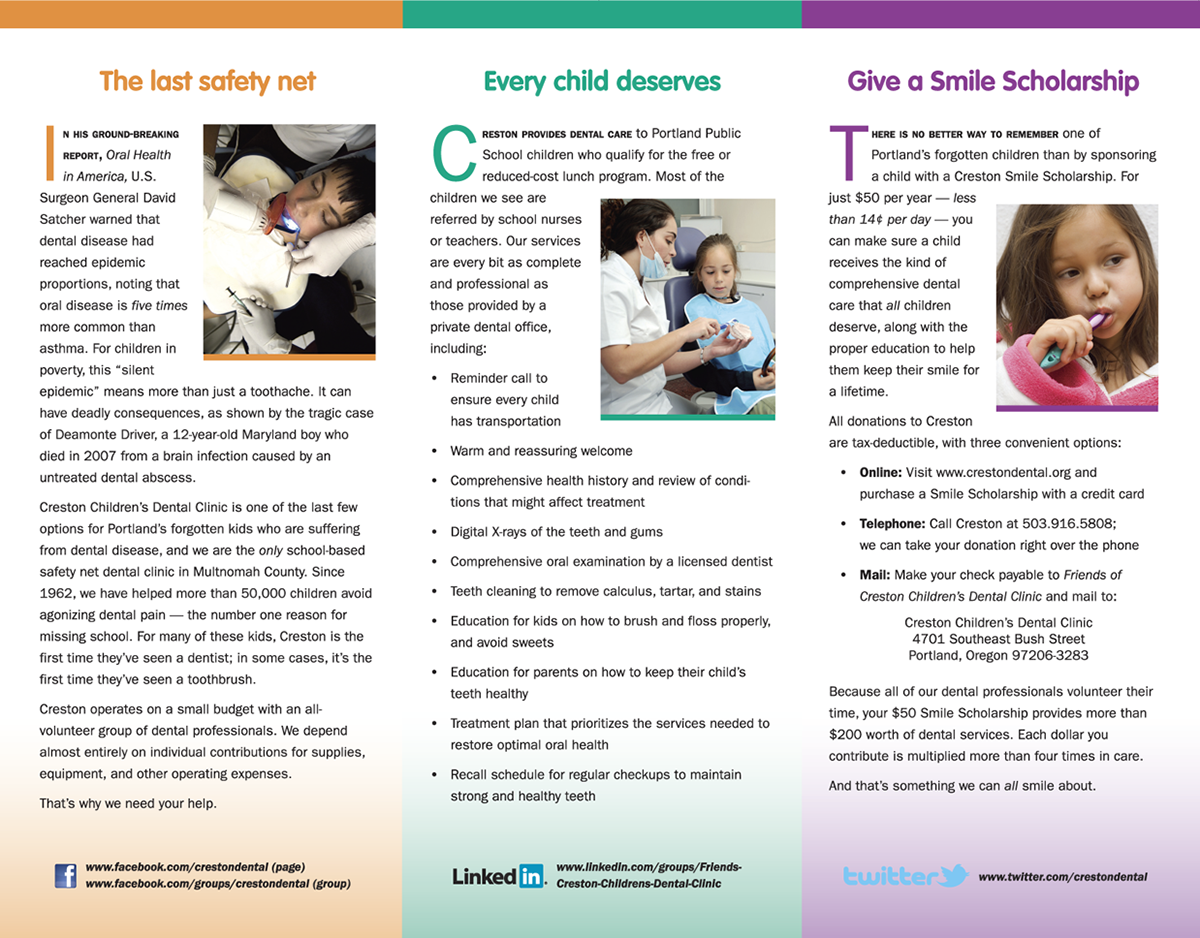 Creston Children's Dental Non-profit marketing brochure Portland Portland Public Schools Low-income Dental safety net