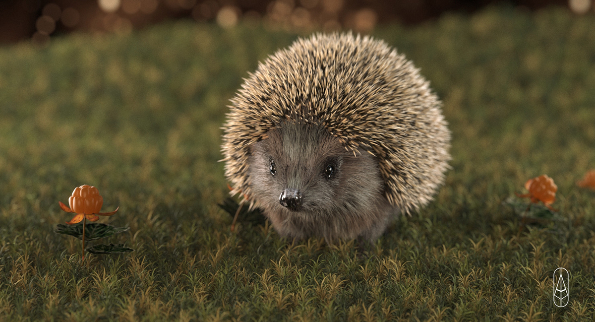 mammals digital 3d creatures Hair and Fur vray Hedgehog needles moss cloudberry