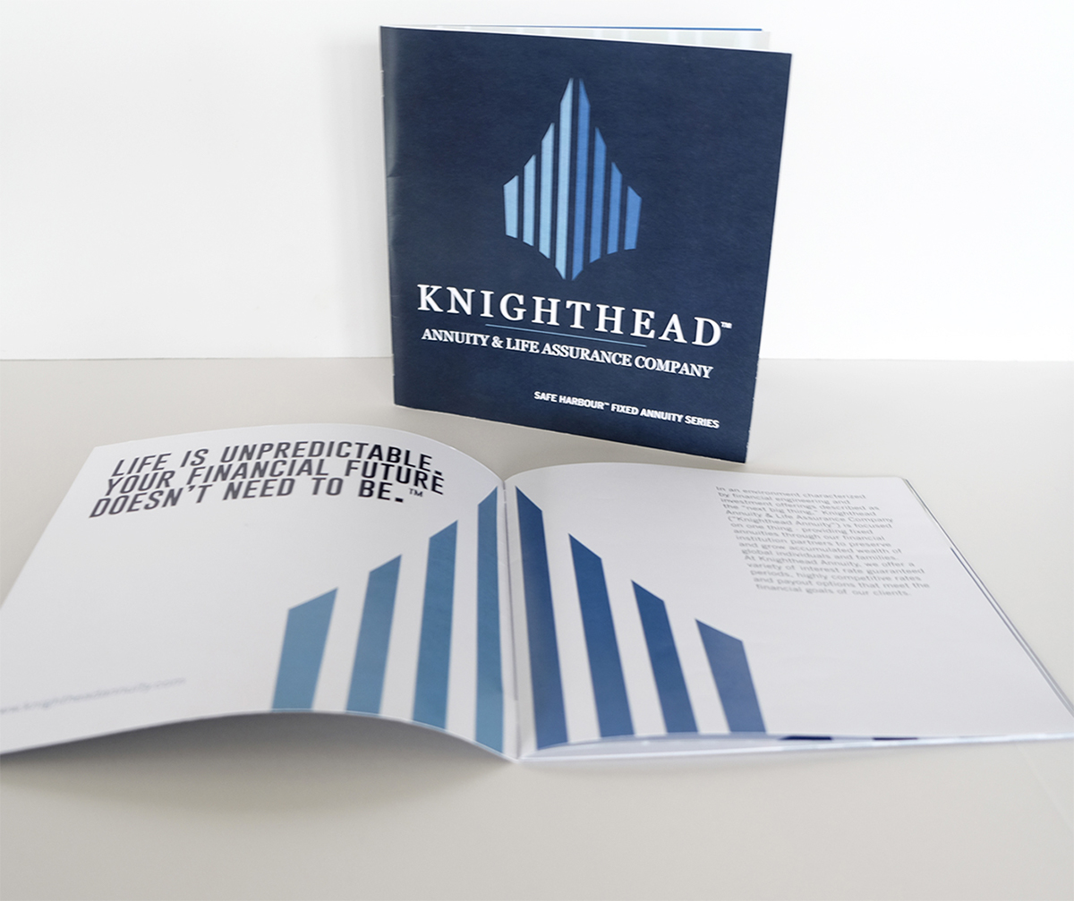 knighthead Annuity blue Cayman Islands brochure saddle-stitch die-cut Production book
