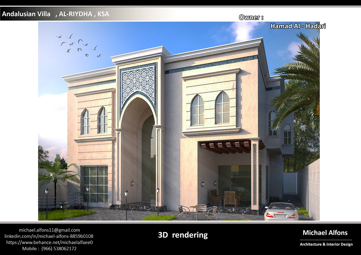 3ds max Andalusian Andalusian style architecture Elevation exetrior designing islamic villa design visualization