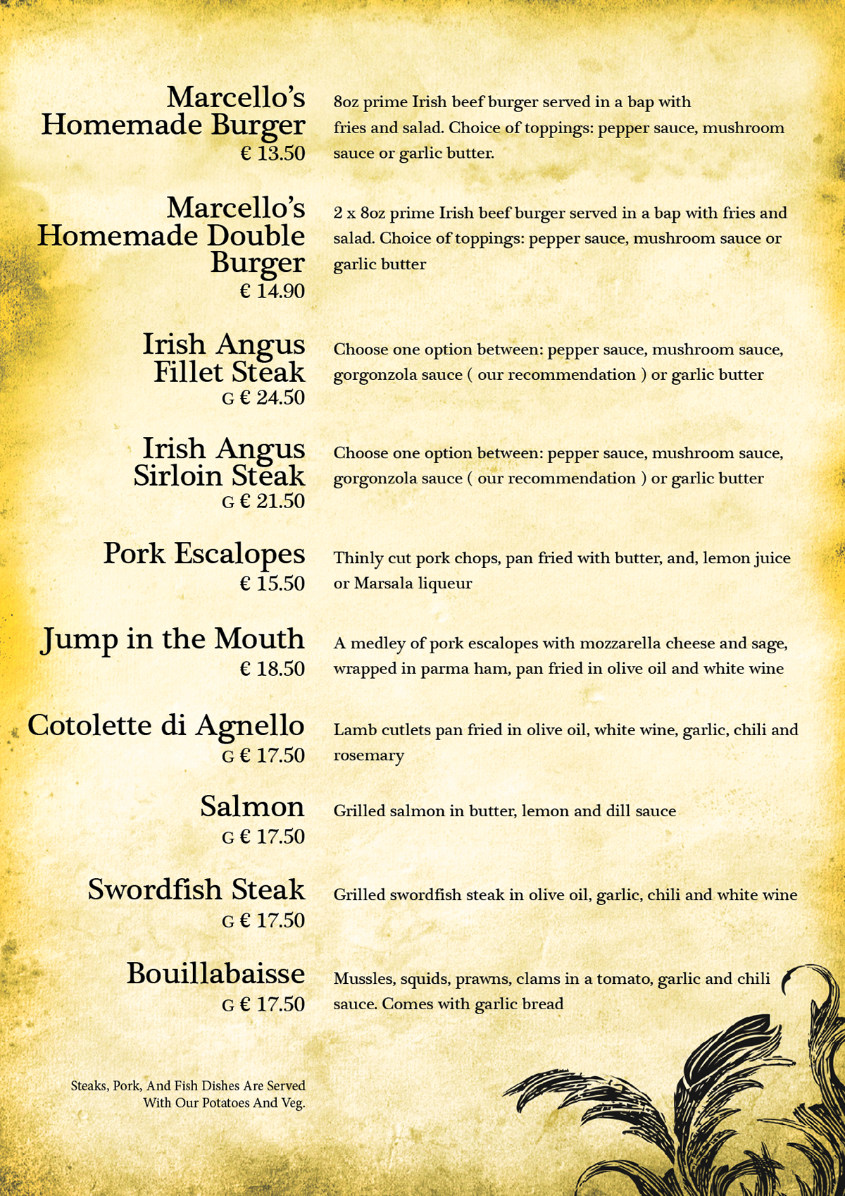 restaurant Marcello's  douglas rustic style wine list menu a la carte menu