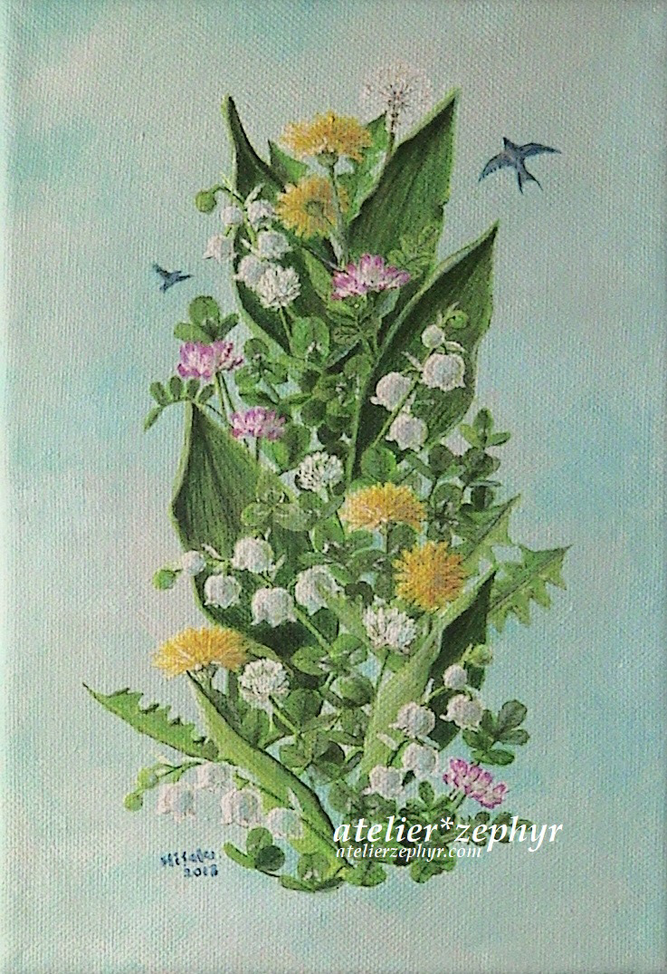 lilyofthevalley flower art painting   dandelion Chinese milk vetch bird Acrylic paint blue ILLUSTRATION 
