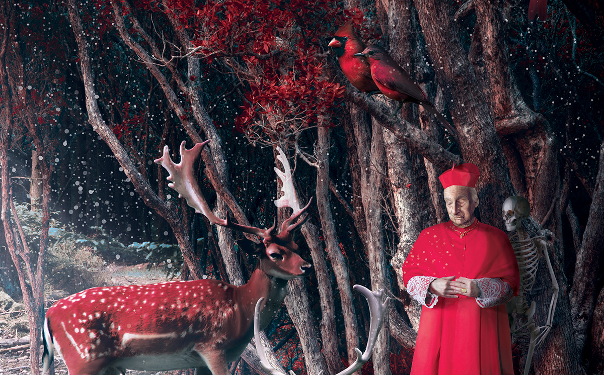 digital painting photomanipulation hieronymus bosch red Cardinals skeletons reneissance cardinal skeleton