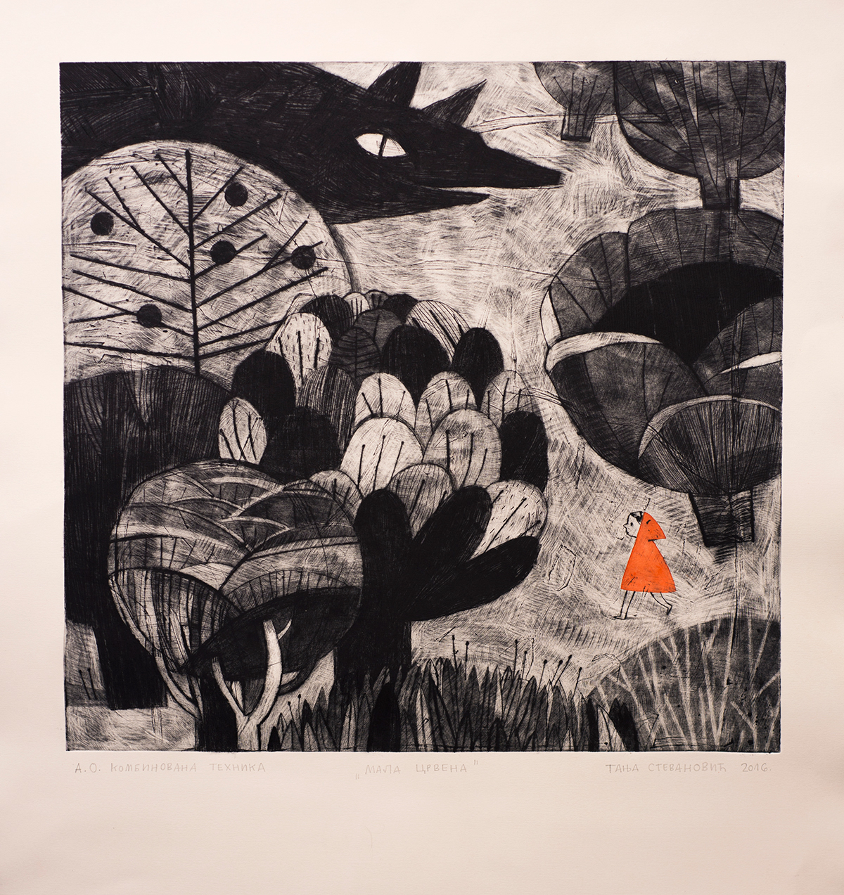 girl wolf evil wolf  red cloak trees Flowers forest printmaking dry point zinc plate fairytale Red riding hood little red brothers grimm Big Bad Wolf