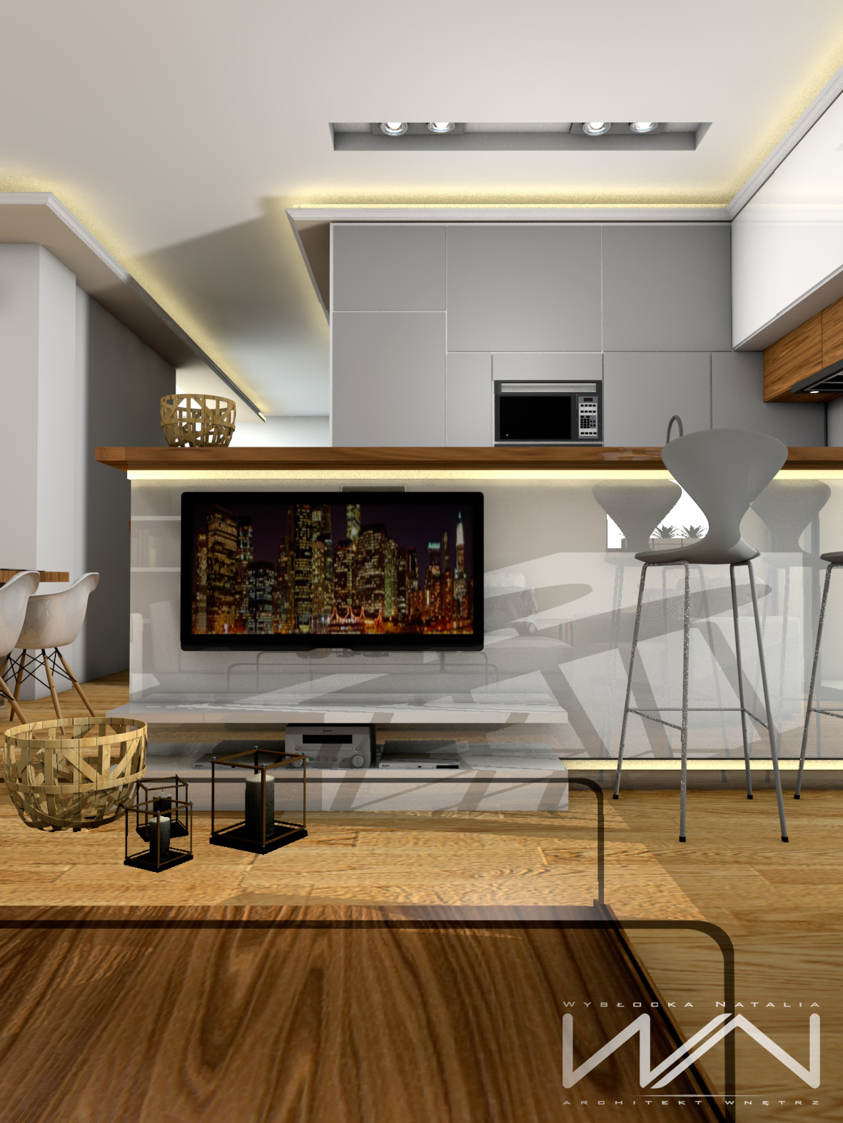flat living room with kitchenette