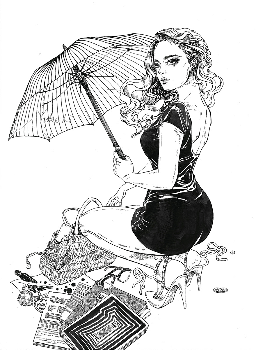 ink watercolor nyc Fashion  city girl black and white comic