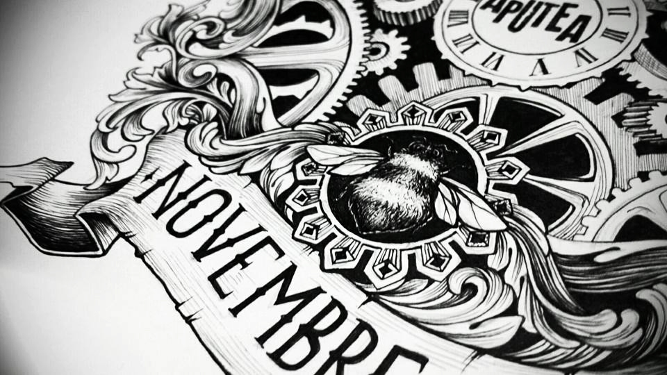 bulb bee gears pen mechanical insect man Bicycle novembre November poster black watch