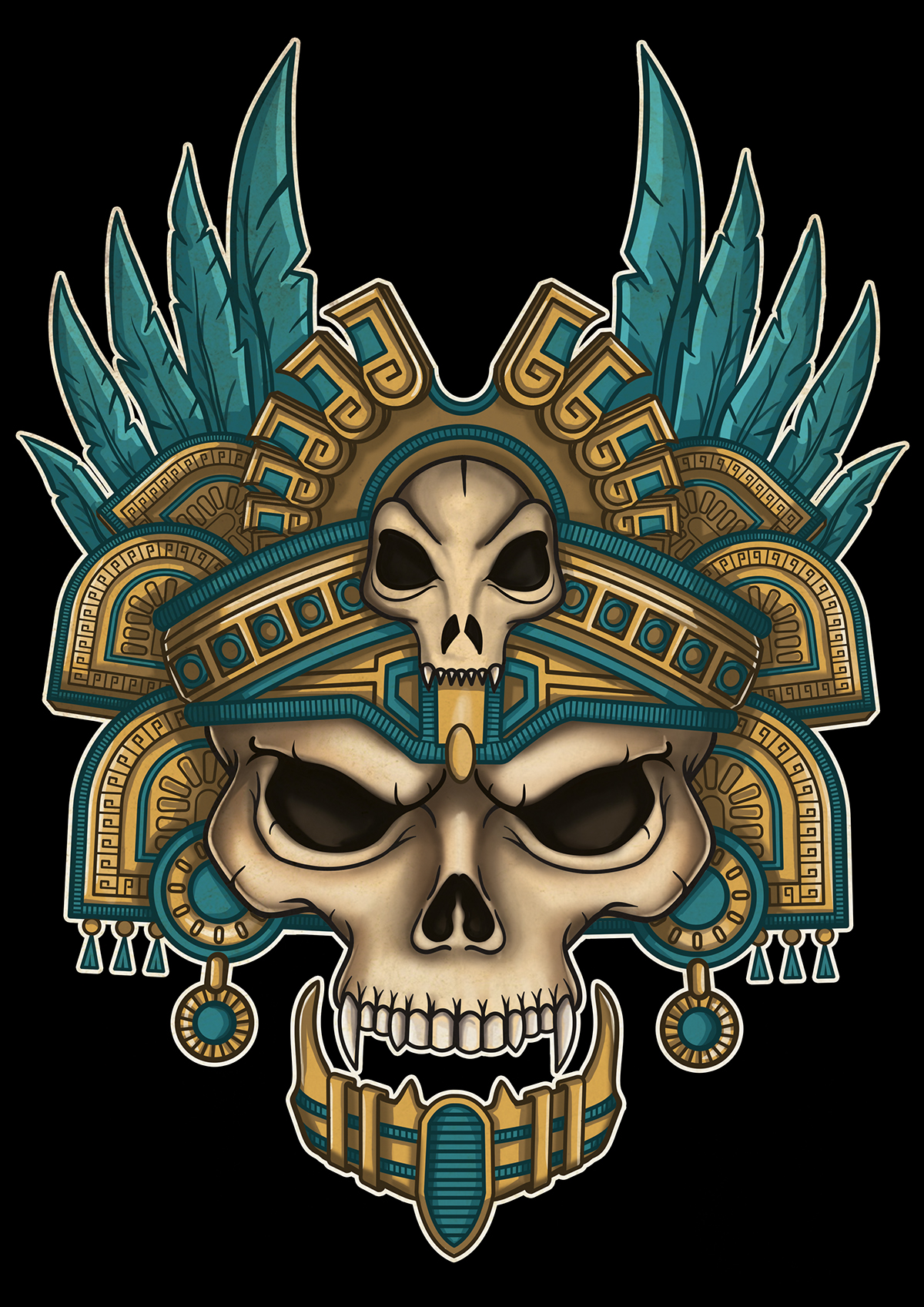 skull aztec dark pen gold blue vector ink tattoo