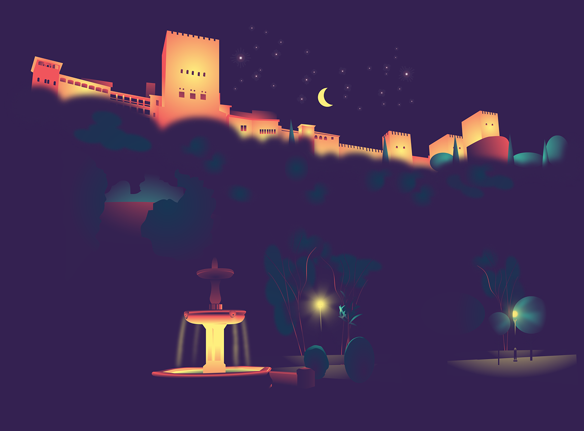 andalusia Alhambra granada fountain night moon