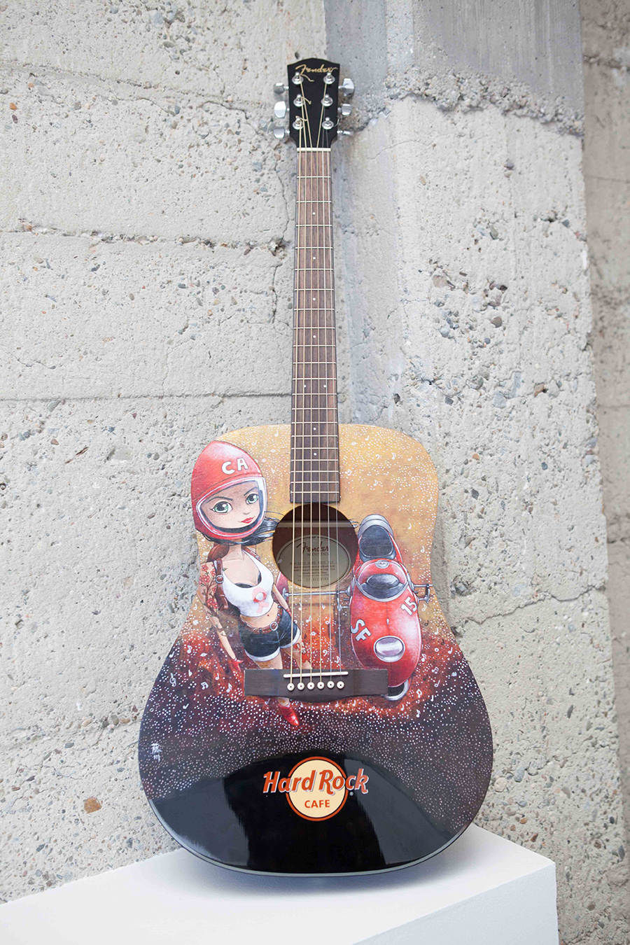 HARD ROCK CAFE give back art attack sf breast cancer awareness PinkTober art fender guitar
