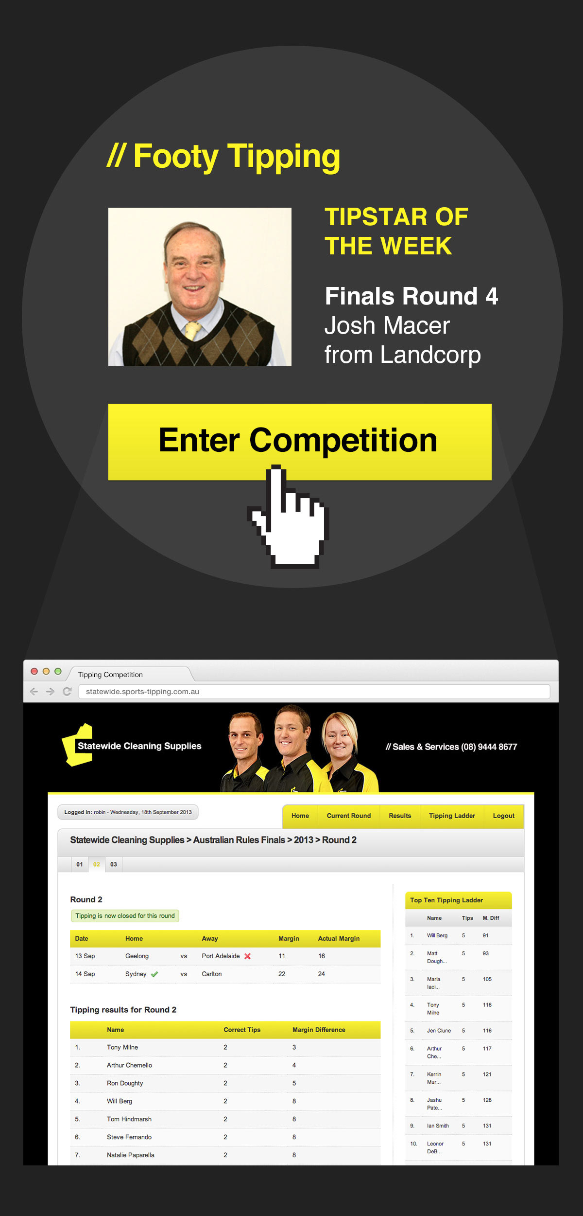 yellow black contrast service cleaning Digital strategy Website app Sports Tipping Competition