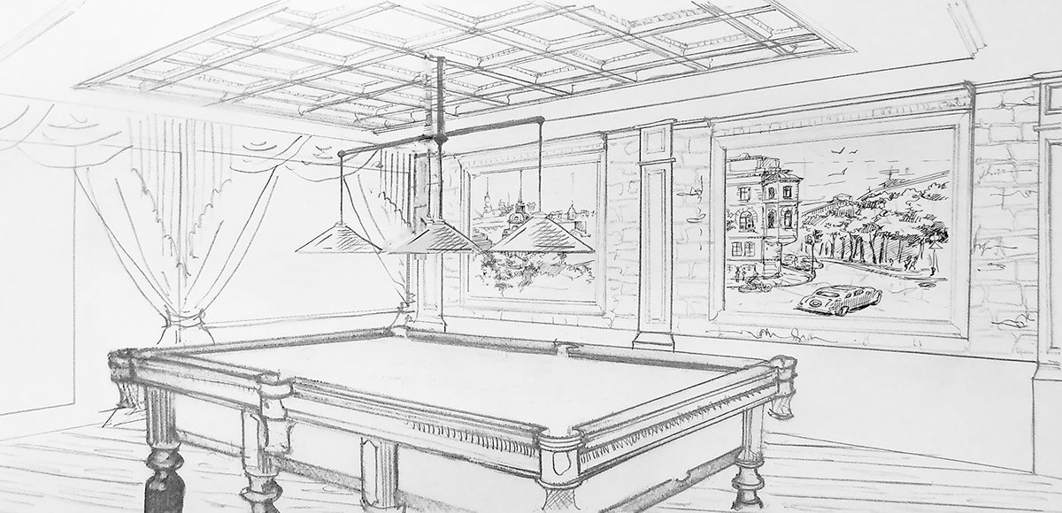 бильярдная бильярдный     интерьер  мебель  Стены  потолок бильярдный стол   рисование   рисовать  картинка sketch