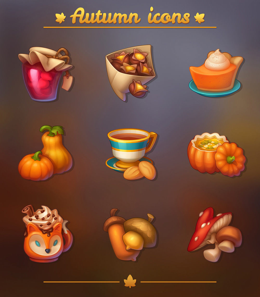 Game Art autumn icons Food  Mushrooms digital 2d object