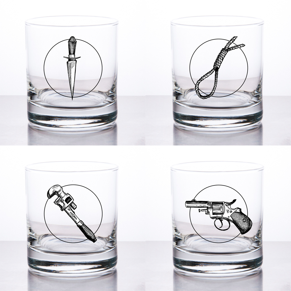 Pen & Ink line drawing Gun Wrench knife noose whiskey glass