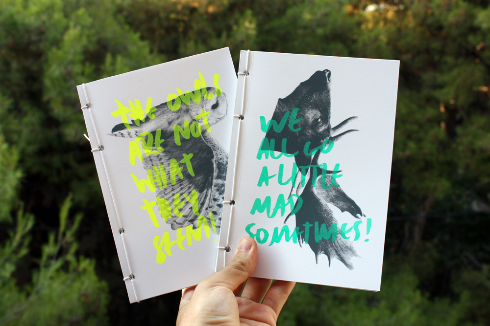 Hipster japanese japanese bound handmade silkscreen screen printing owl fluo yellow tirquoise animal book deer notebook sketchbook