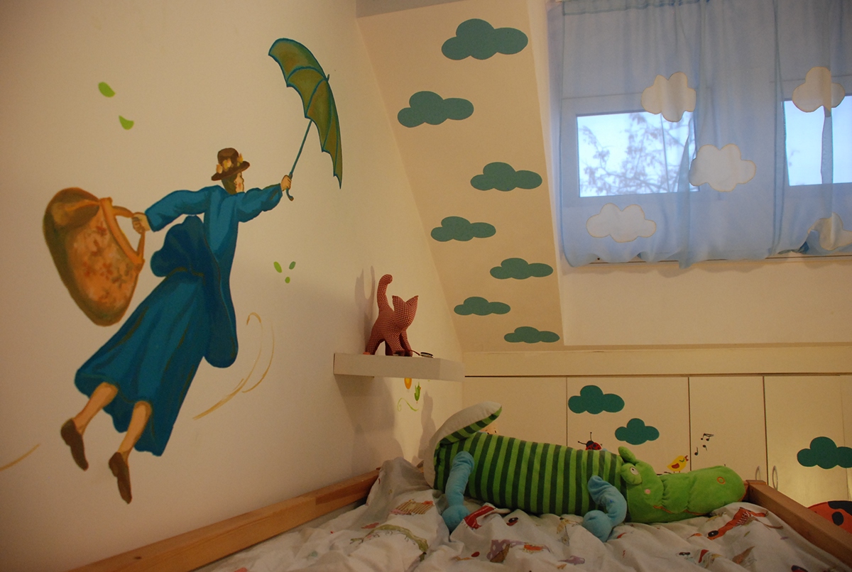 kids room courtain handmade courtain phosphorescent painting kids design cats mary poppins birds clouds Mural Painting