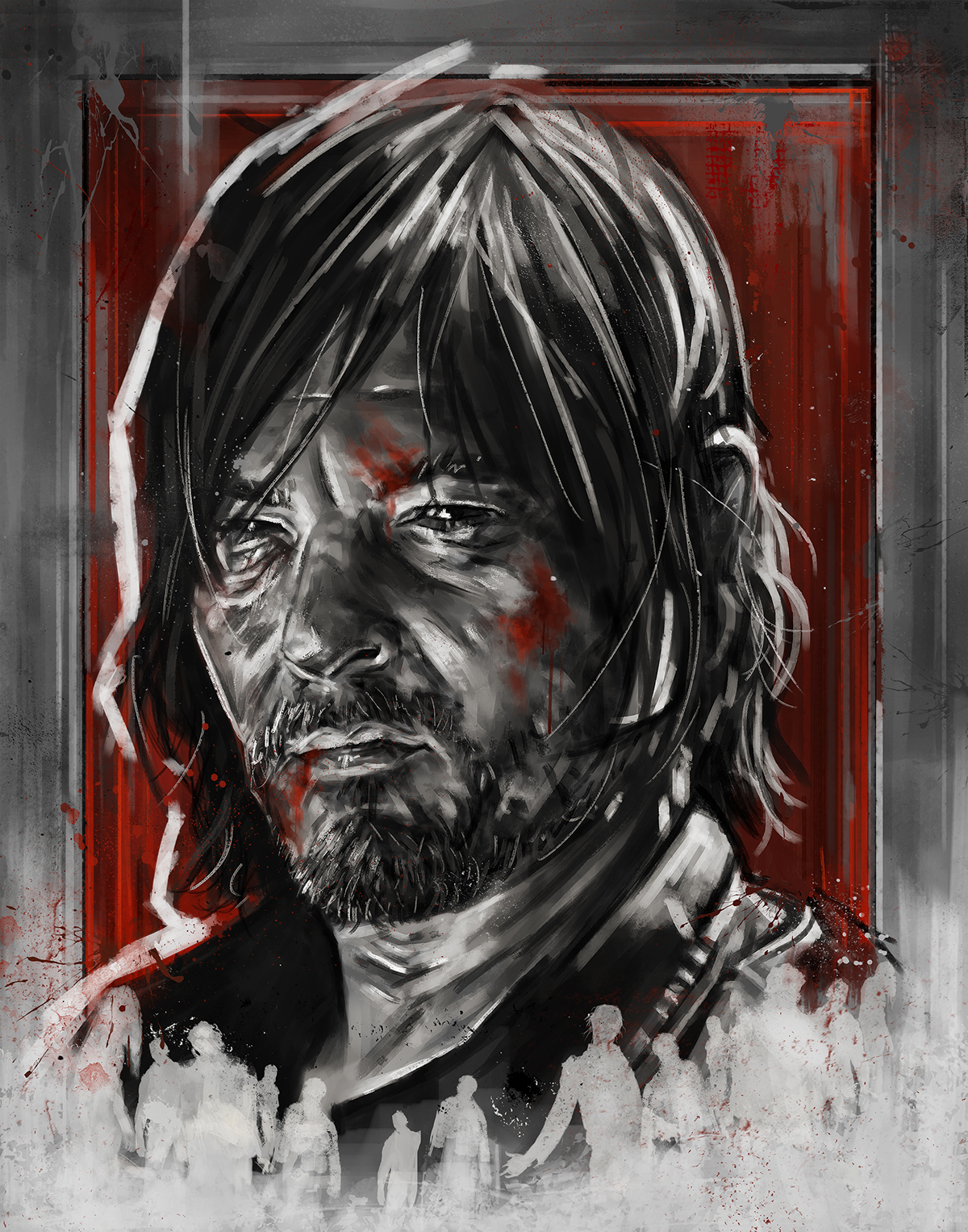 Behance digital painting wacom The walking Dead rick grimes daryl dixon red black & white portrait AMC zombies