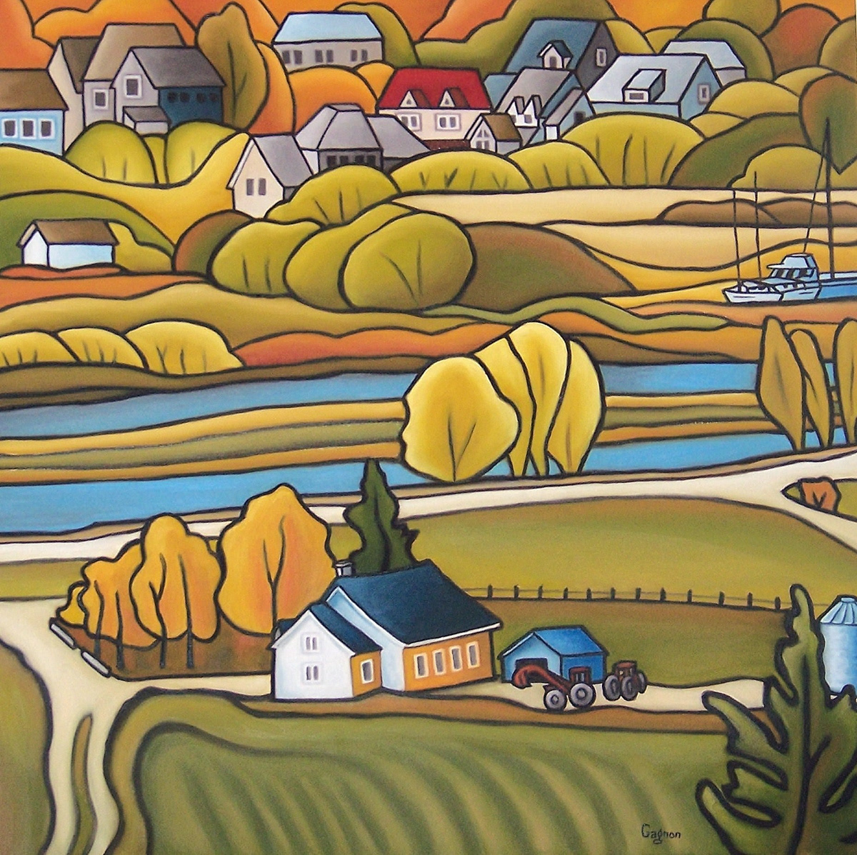oil Landscape Quebec art yellow Rural Scene autumn Fall Nature river orange forest trees country house contemporary
