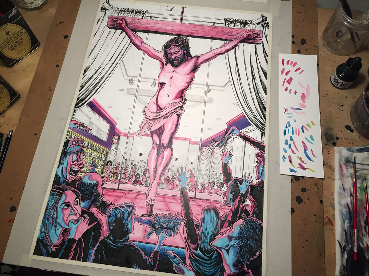 ILLUSTRATION  crucifixion portrait religion neon light neon
