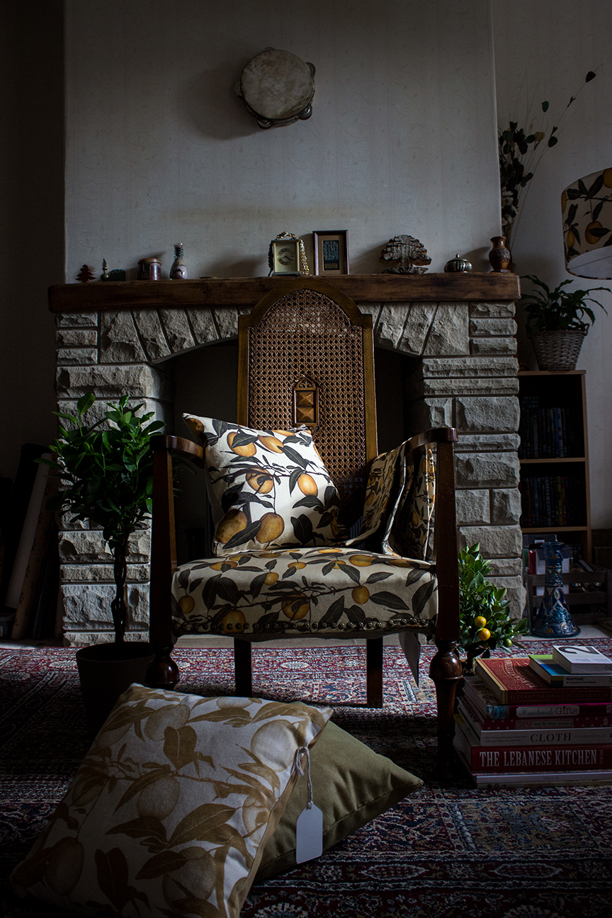 Nature Surface Pattern textile handcraft room setup lemons cushions interiors design