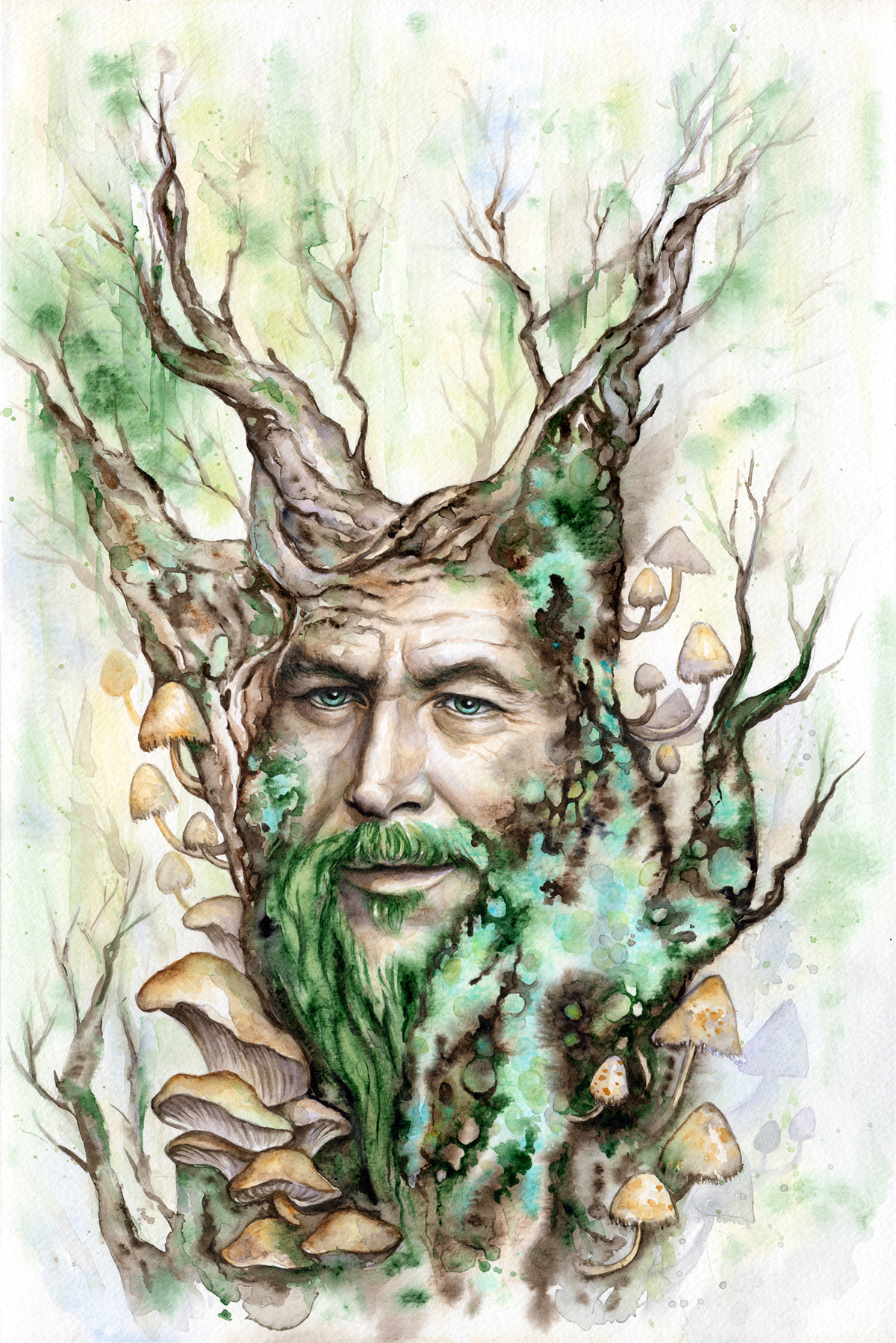 Watercolor illustration of J R Tolkien's Ent character Treebeard from "Lord of the Rings" books.