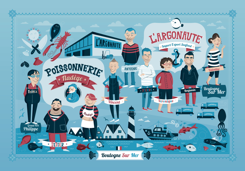 francia pescaderia exportacion poster grafica personajes raulgomez cádiz Raquel