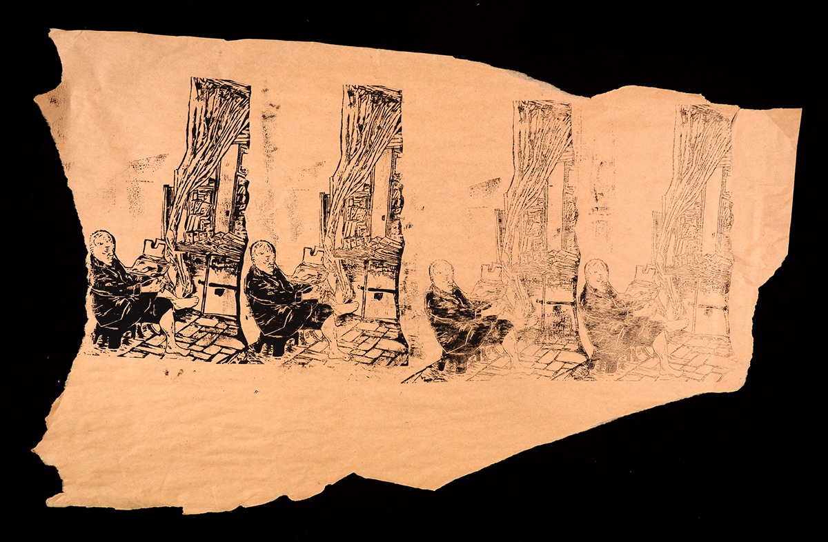 linocut lino cut print ink Street man carve