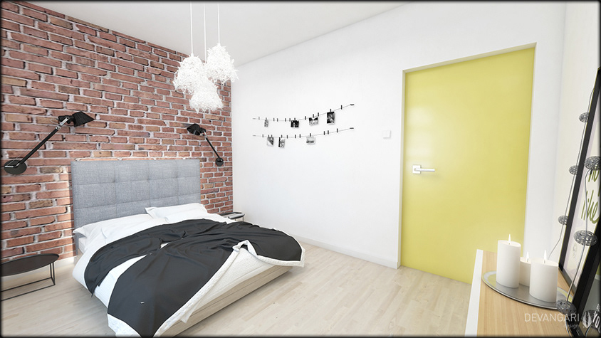 LOFT industrial Scandinavian yellow brick Interior visualization warsaw apartment White modern living room bathroom bedroom kitchen