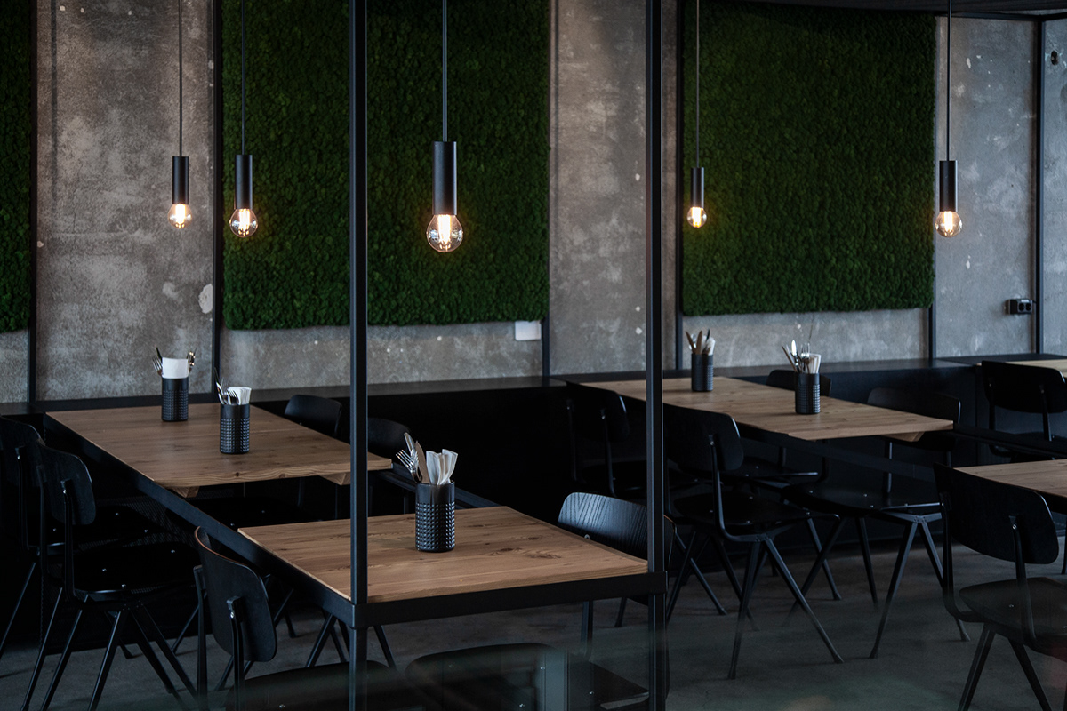 restaurant design concrete and wood larch Street Food hay industrial icelandic design interior design  kebab concrete