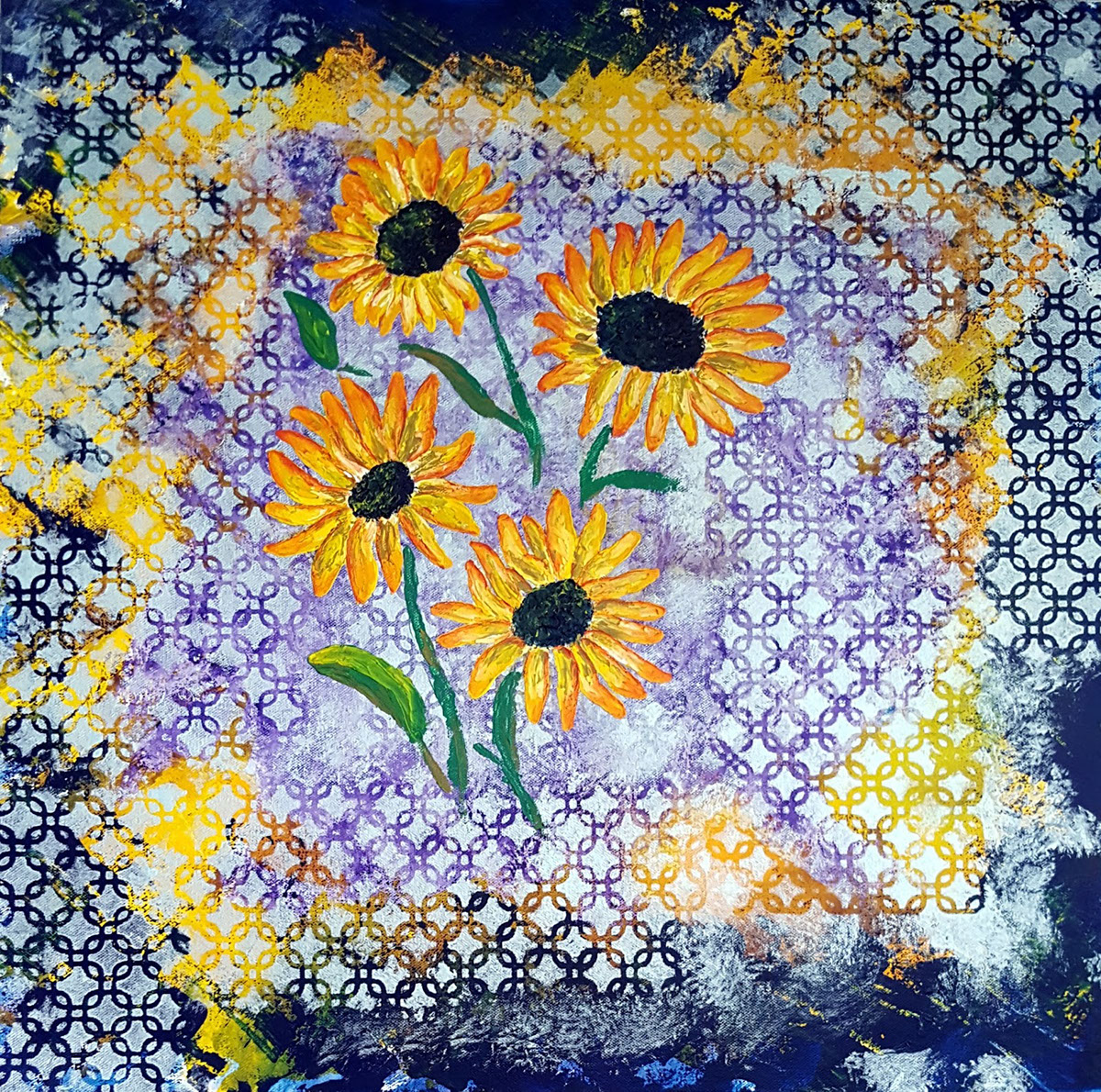 mixed media layered art pattern Platte Knife Sunflowers