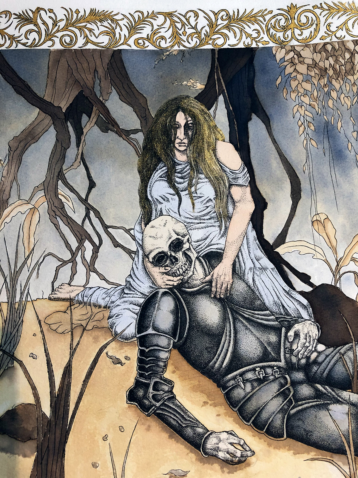 dark dark art flourishes goth gothic ink knight nymph Romanticism skull