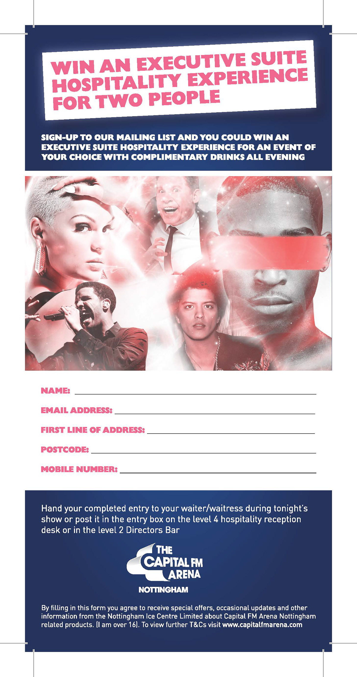 Hospitality Data Form flyer leaflet celebrities Events information capital fm arena l.a.golding