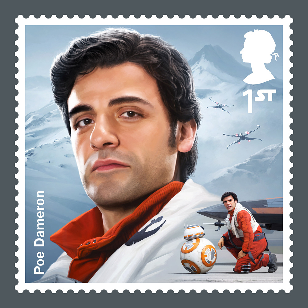 UK Royal Mail Star Wars stamp art for Lucasfilm Disney with Poe Dameron and BB-8 in front of X-wings