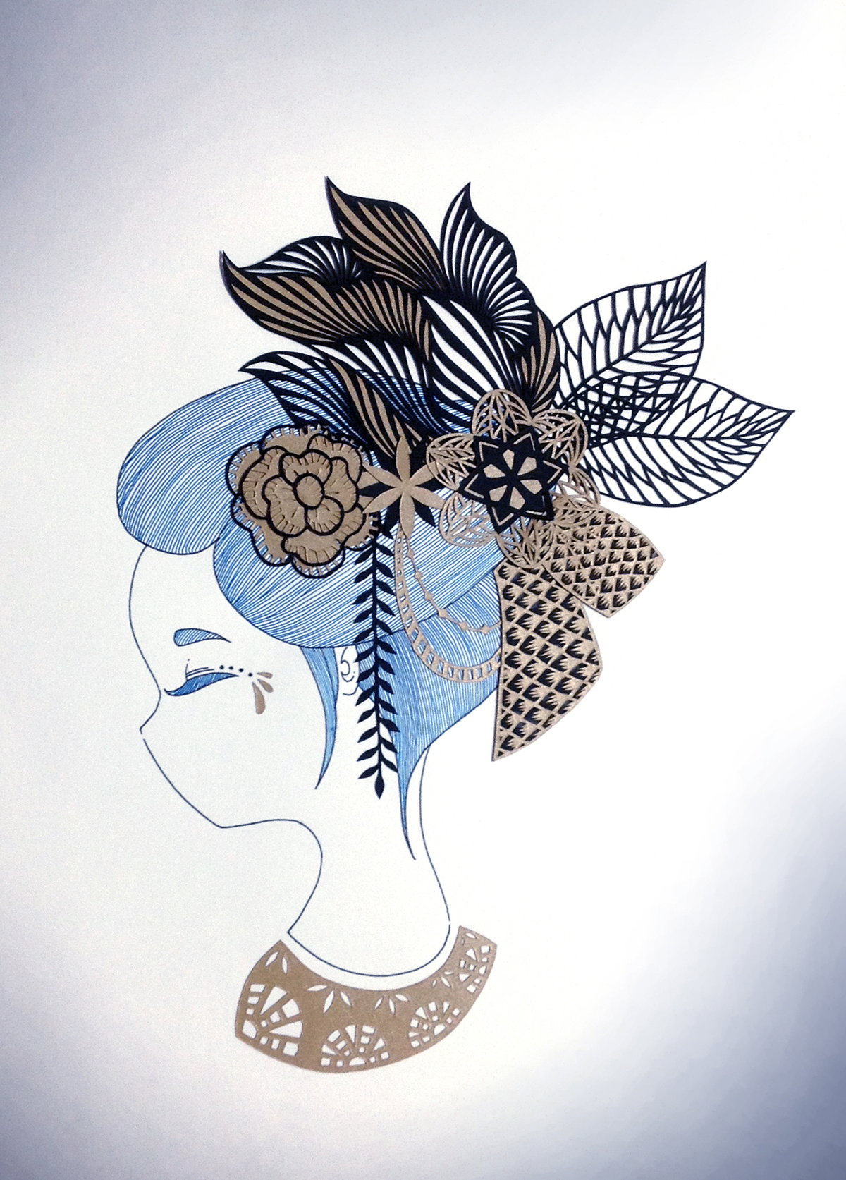 paper paperwork cut collage geisha headdress flower decorative hair pattern