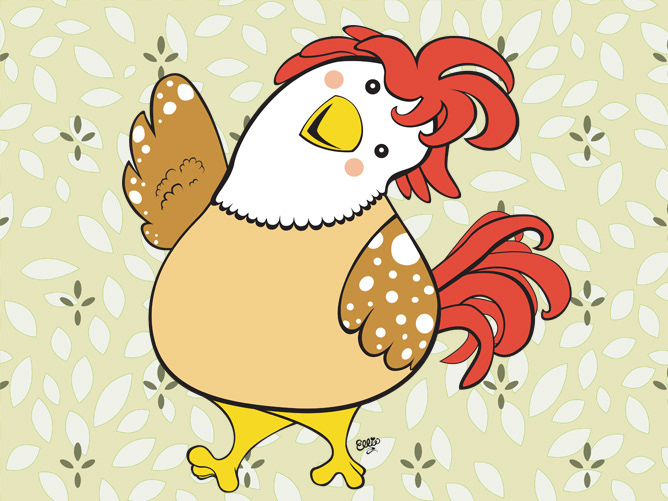 Cute, Funny Cartoon Art of a Friendly Chicken Saying 'Hi' by Ellie.