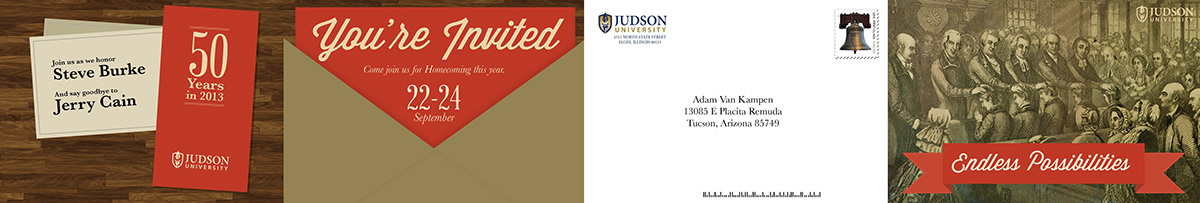 Judson University Homecoming brochure vintage Retro stitch envelope wood